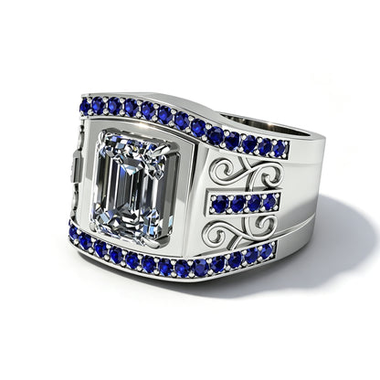 Jzora Handmade 3.7CT Moissanite Emerald Cut With Sapphire Accents Men's Ring