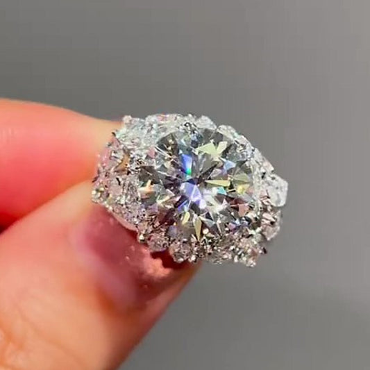 Jzora handmade 4ct high-quality round brilliant cut cluster halo moissanite sterling silver ring