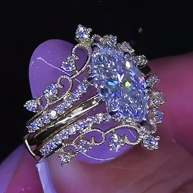 Jzora handmade marquise cut studded filigree sterling silver 2-piece ring