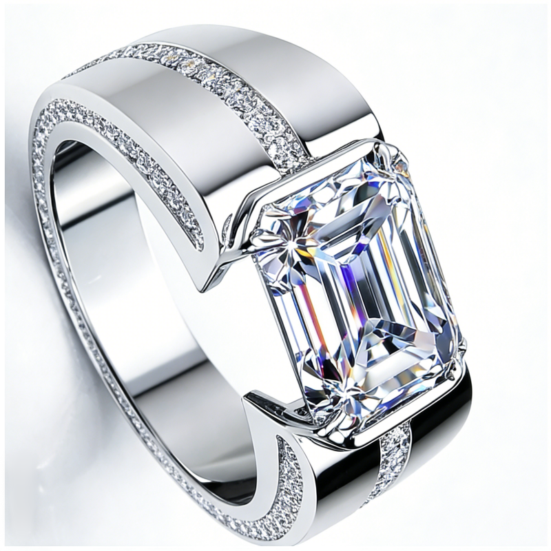 Jzora handmade precision-set 3ct emerald-cut statement men's band ring
