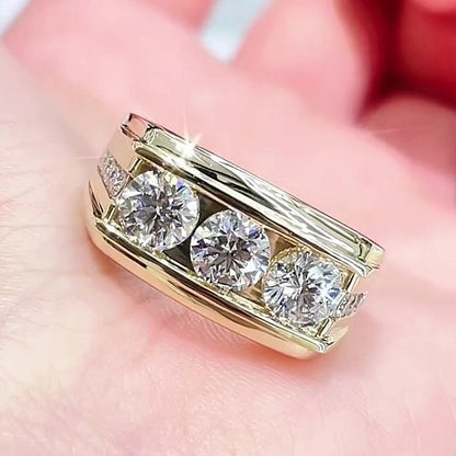 Jzora Handmade Round Cut Timeless Three Stone Moissanite Unisex Statement Ring