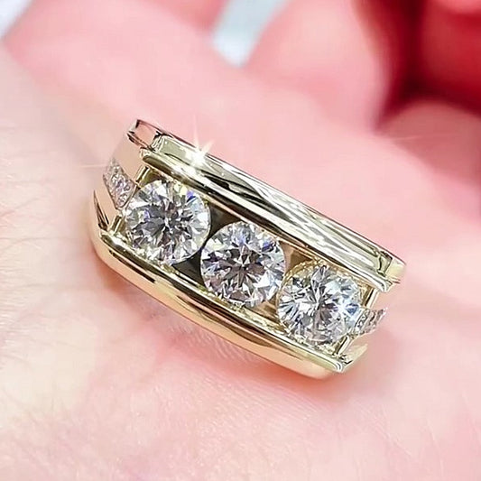 Jzora Handmade Round Cut Timeless Three Stone Moissanite Unisex Statement Ring