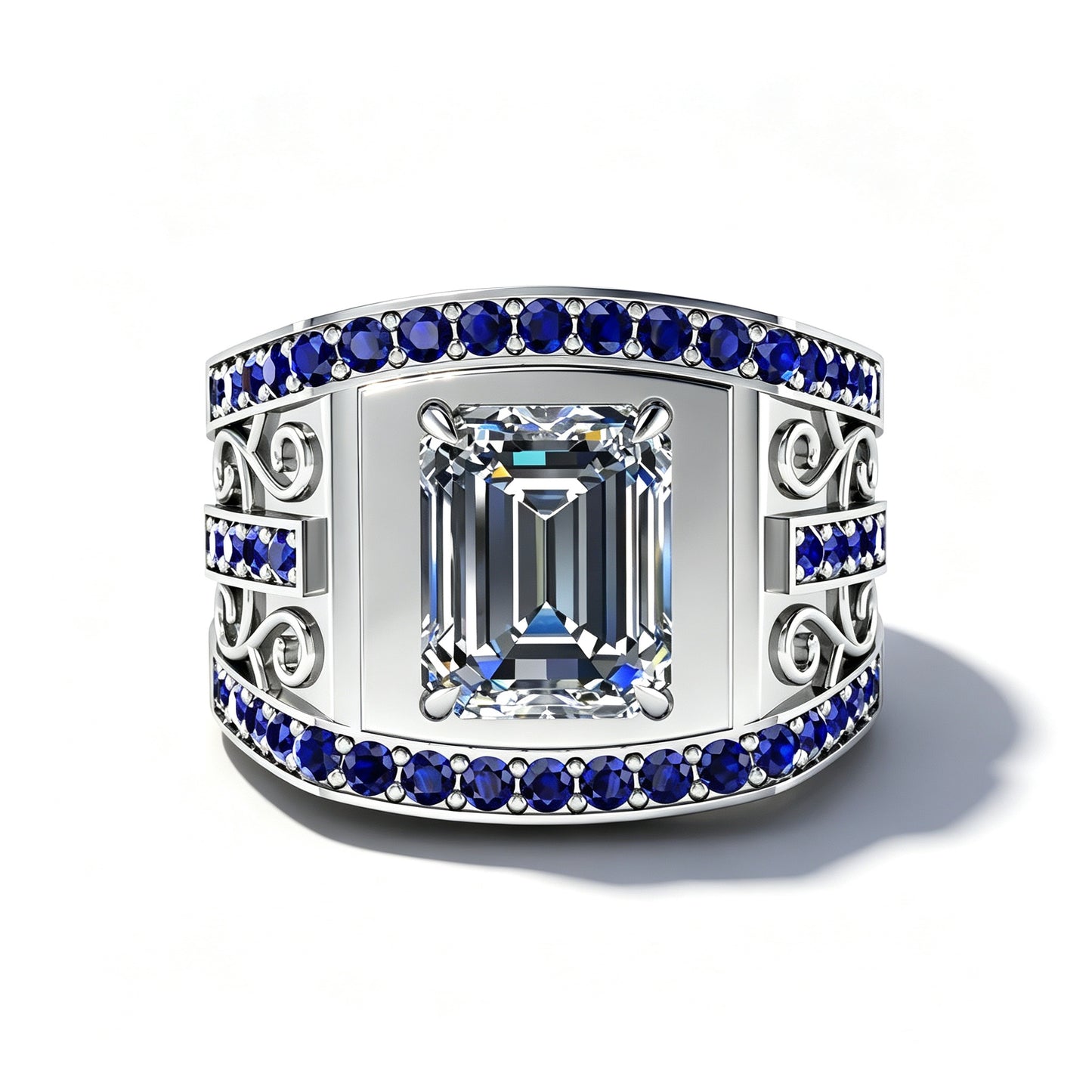 Jzora Handmade 3.7CT Moissanite Emerald Cut With Sapphire Accents Men's Ring