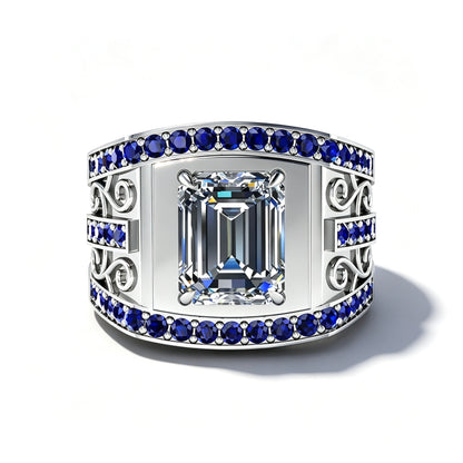 Jzora Handmade 3.7CT Moissanite Emerald Cut With Sapphire Accents Men's Ring