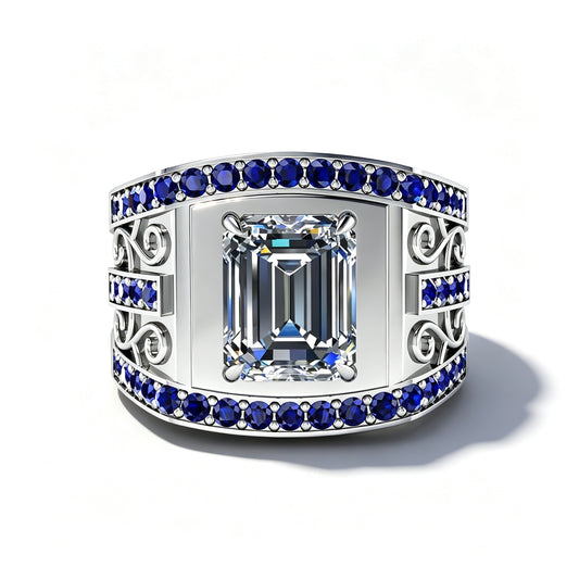 Jzora Handmade 3.7CT Moissanite Emerald Cut With Sapphire Accents Men's Ring