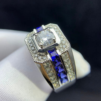 Jzora handmade round brilliant cut halo channel-set blue sapphires men's ring