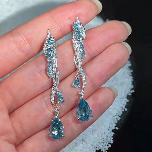Jzora handmade elegant aqua blue cascading & twisting tassel drop earrings