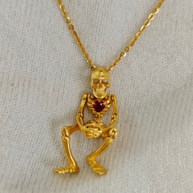 Jzora handmade gothic gold skeleton ruby-red heart necklace