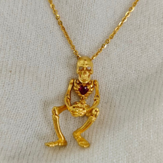 Jzora handmade gothic gold skeleton ruby-red heart necklace