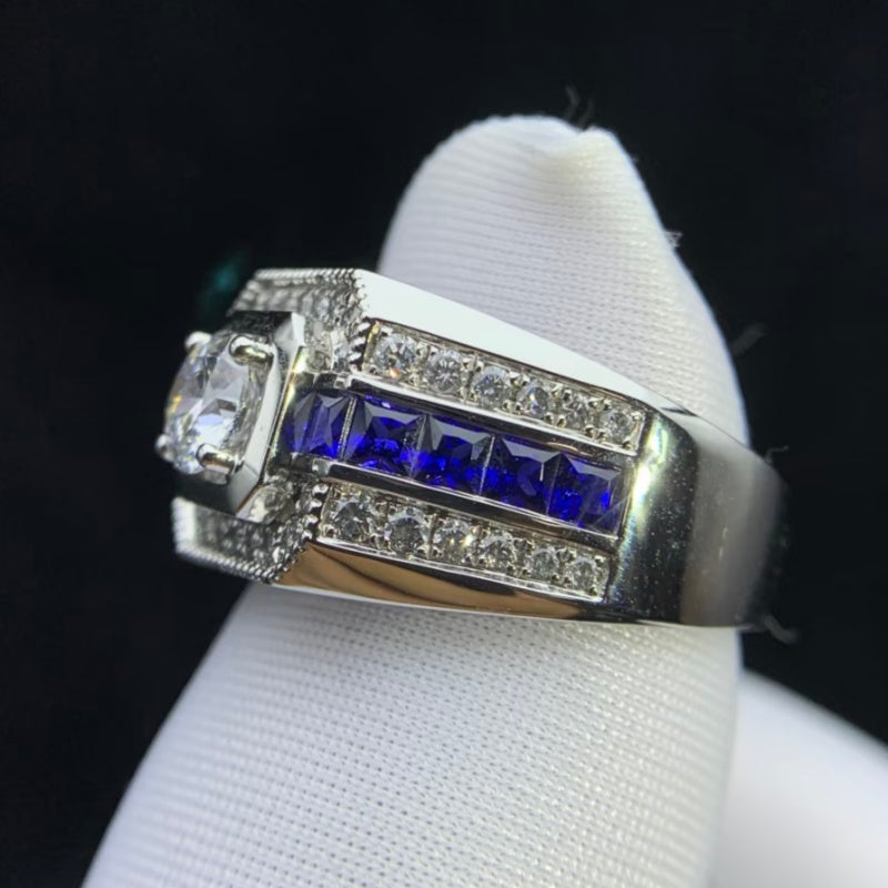 Jzora handmade round brilliant cut halo channel-set blue sapphires men's ring
