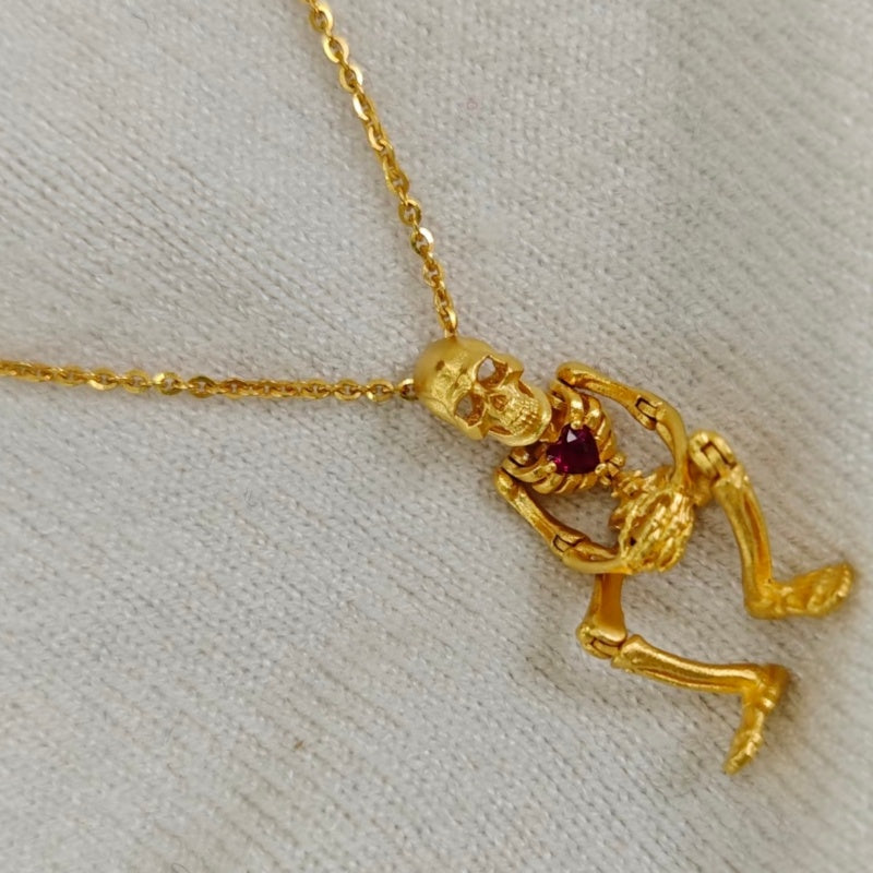 Jzora handmade gothic gold skeleton ruby-red heart necklace