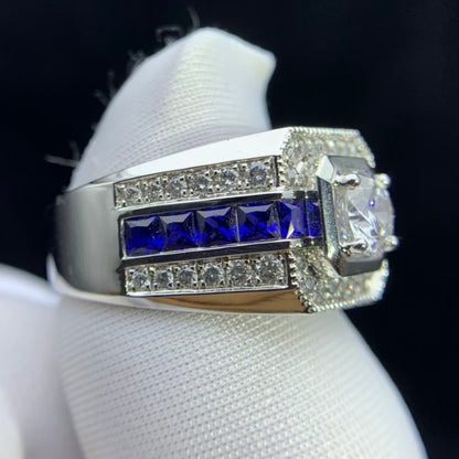 Jzora handmade round brilliant cut halo channel-set blue sapphires men's ring