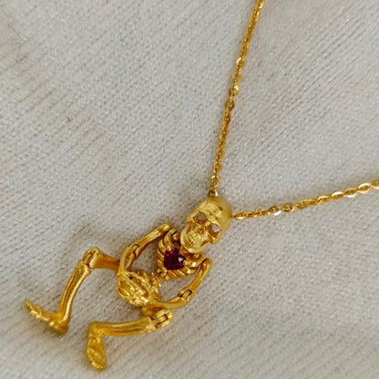 Jzora handmade gothic gold skeleton ruby-red heart necklace