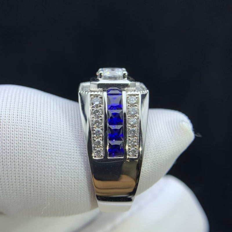 Jzora handmade round brilliant cut halo channel-set blue sapphires men's ring