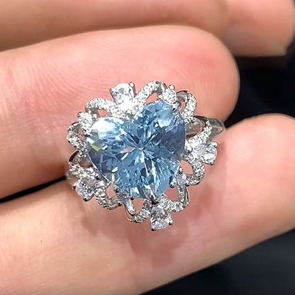 Jzora Handmade Dreamy Lace Halo Heart Cut Blue Moissanite Fashion Ring