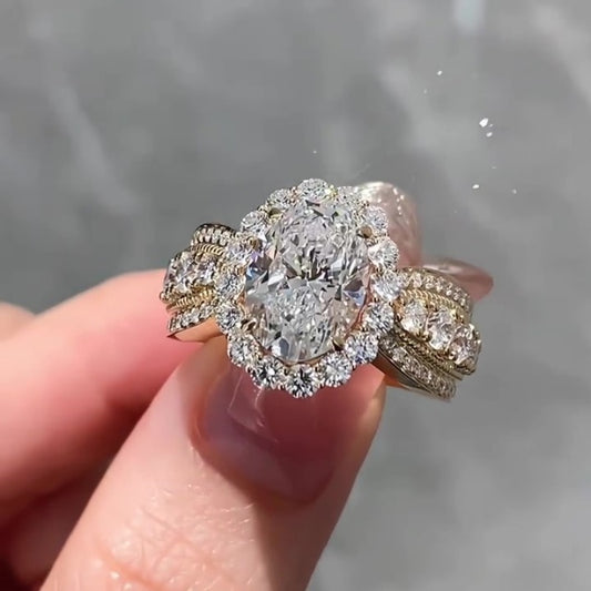 Jzora handmade 3ct gold milgraint vintage oval cut halo sterling silver ring