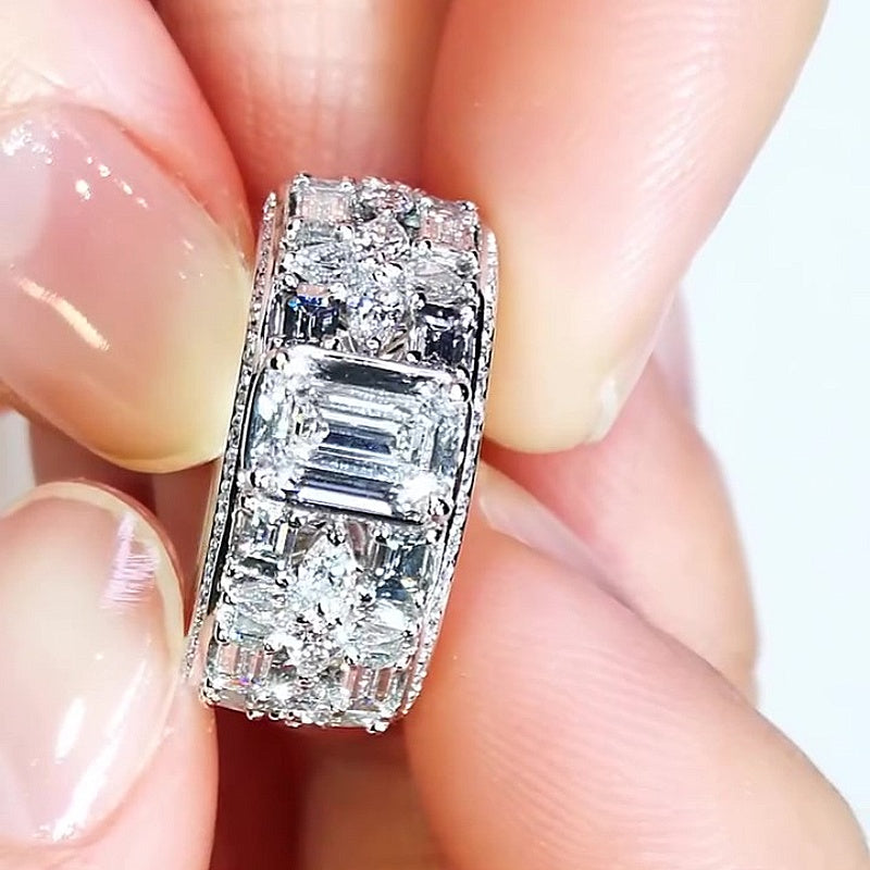 Jzora Handmade Emerald Cut Floral Side Details Wide Band Ring