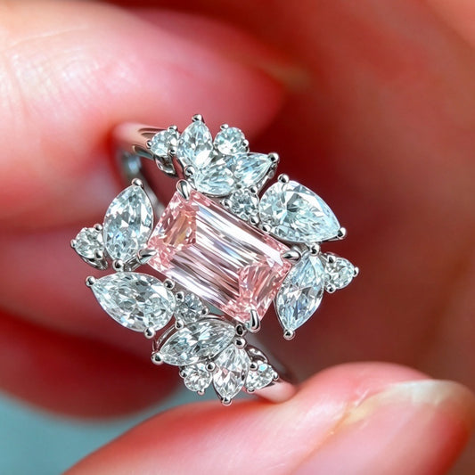 Jzora Handmade Pink Emerald Cut Radiating Floral Cluster Marquise & Pear Petal Ring