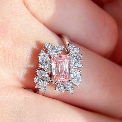 Jzora Handmade Pink Emerald Cut Radiating Floral Cluster Marquise & Pear Petal Ring