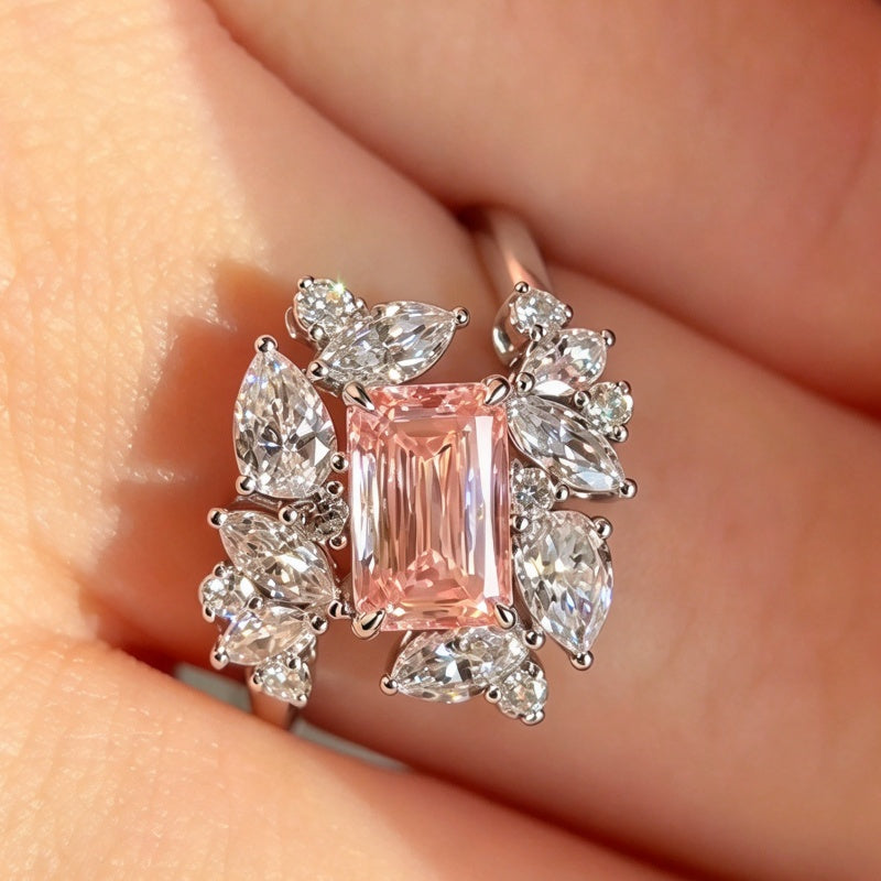 Jzora Handmade Pink Emerald Cut Radiating Floral Cluster Marquise & Pear Petal Ring