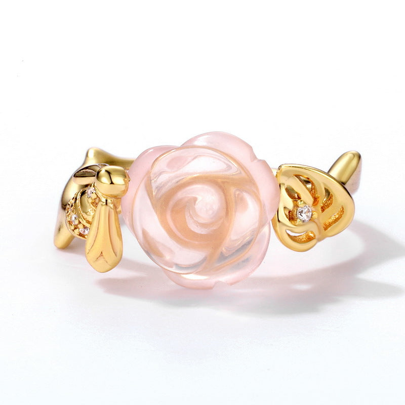 Jzora handmade pink crystal rose sterling silver adjustable ring