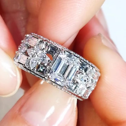 Jzora Handmade Emerald Cut Floral Side Details Wide Band Ring