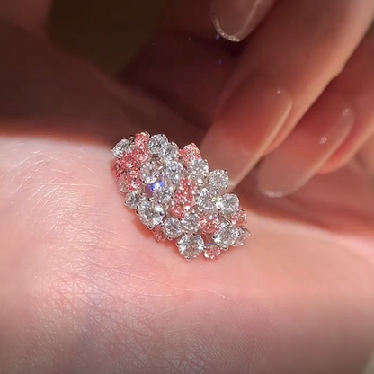 Jzora Handmade Pink & White Round Cut Moissanite Blooming Floral Cluster Ring
