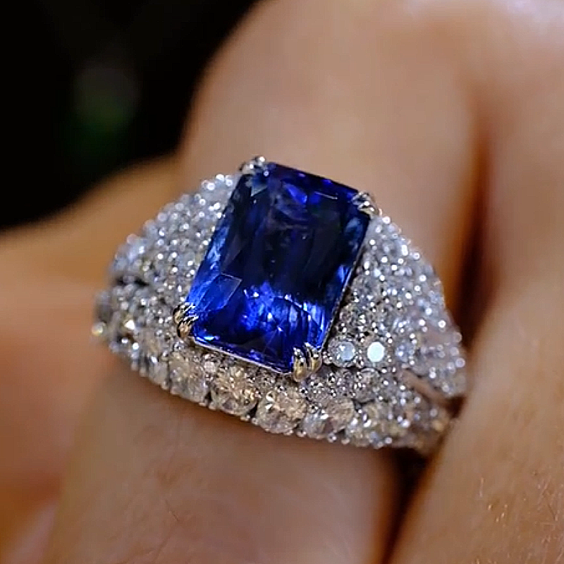 Jzora Handmade 4.8CT Royal Blue Radiant Cut Full Pavé Halo Bold Vintage Ring