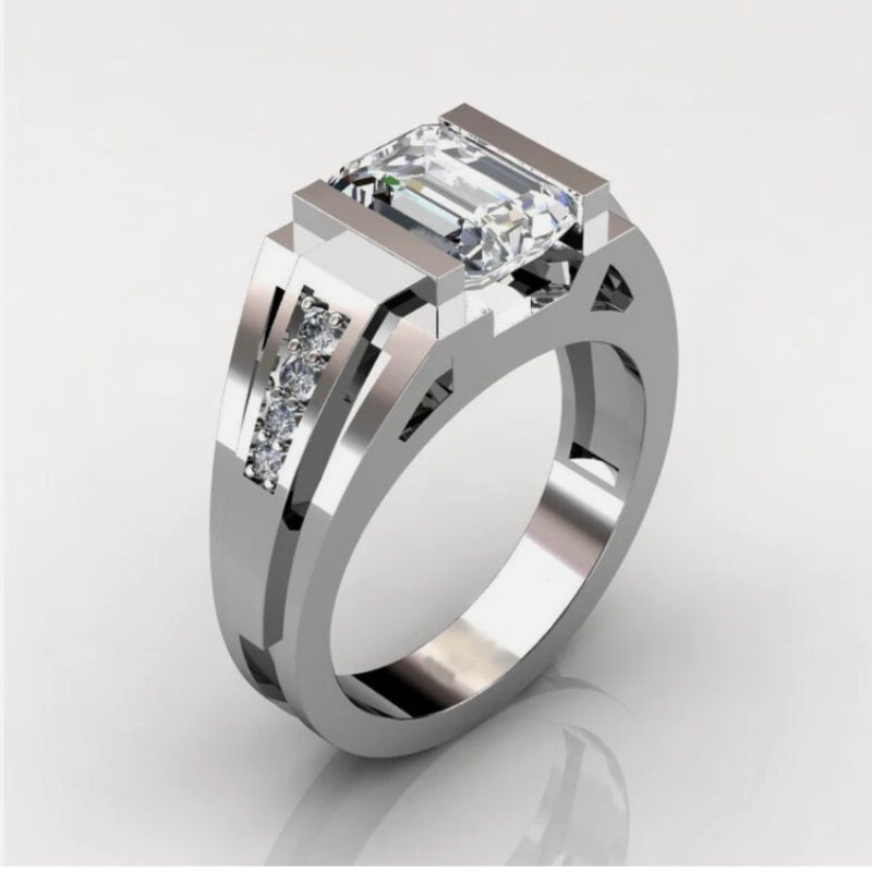 Jzora handmade modern 3ct white emerald cut men's ring