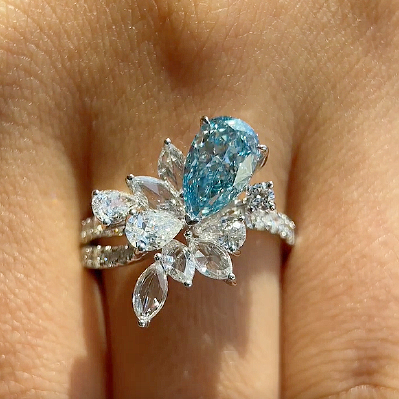 Jzora Handmade Aqua Blue Pear‑Cut Zircon Floral Cluster Fashion Ring