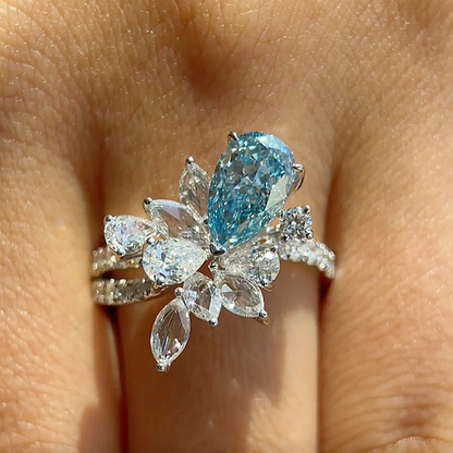 Jzora Handmade Aqua Blue Pear‑Cut Zircon Floral Cluster Fashion Ring