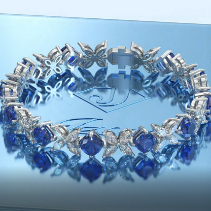 Jzora Handmade Four‑Leaf Floral Cushion‑Cut Sapphire Blue Alternating Link Bracelet