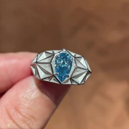 Jzora handmade pear-shaped aqua blue architectural style men’s ring
