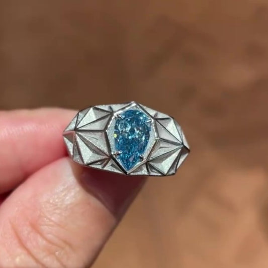 Jzora handmade pear-shaped aqua blue architectural style men’s ring