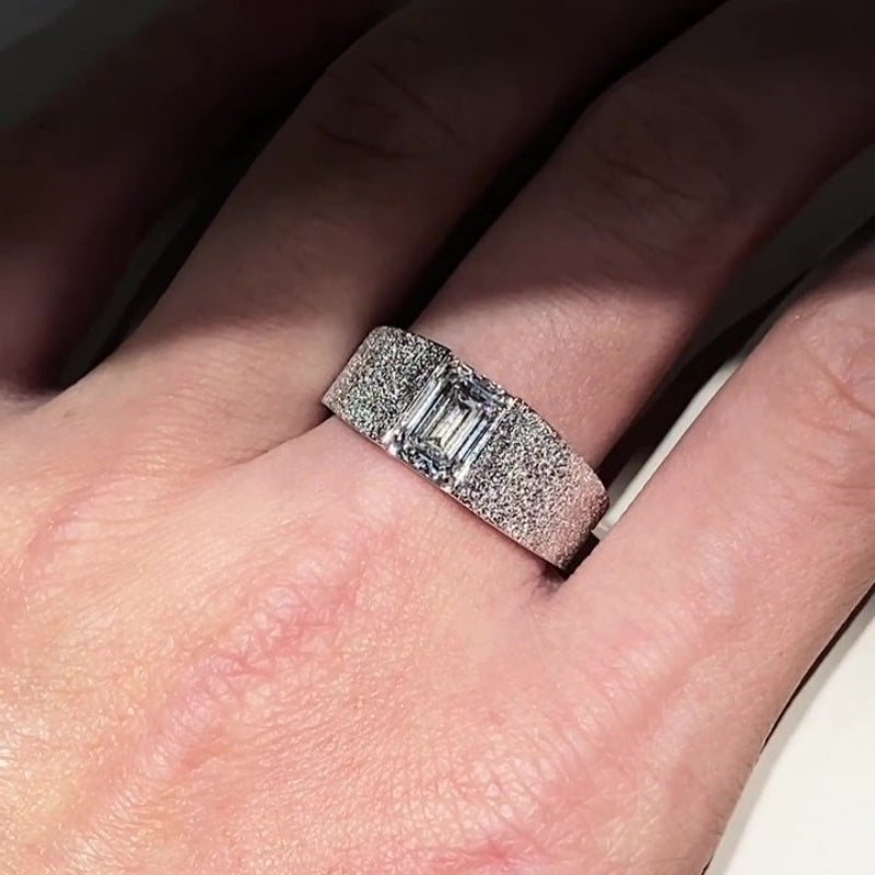 Jzora handmade 2ct radiant cut chic luxury frosted texture wide band men's ring