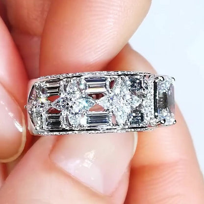 Jzora Handmade Emerald Cut Floral Side Details Wide Band Ring