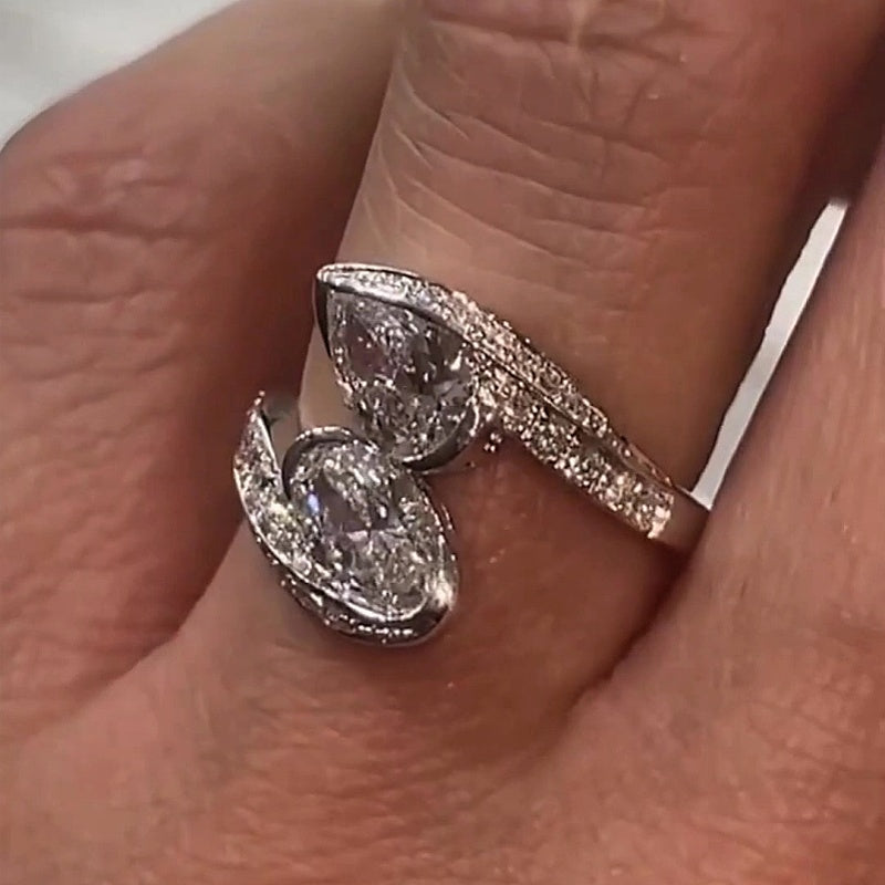 Jzora handmade pear & oval dual-cut elegant and chic sterling silver ring