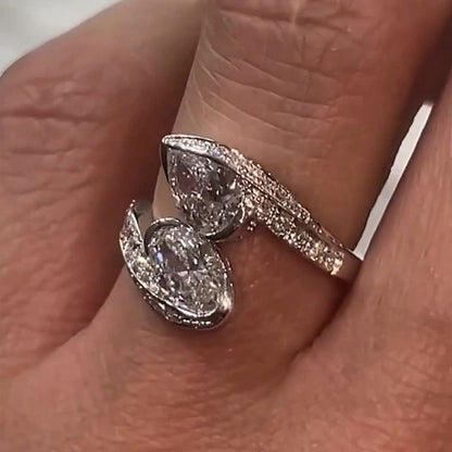 Jzora handmade pear & oval dual-cut elegant and chic sterling silver ring