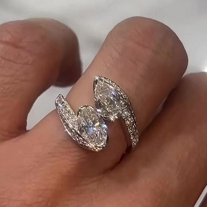 Jzora handmade pear & oval dual-cut elegant and chic sterling silver ring