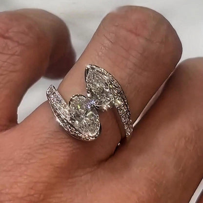 Jzora handmade pear & oval dual-cut elegant and chic sterling silver ring