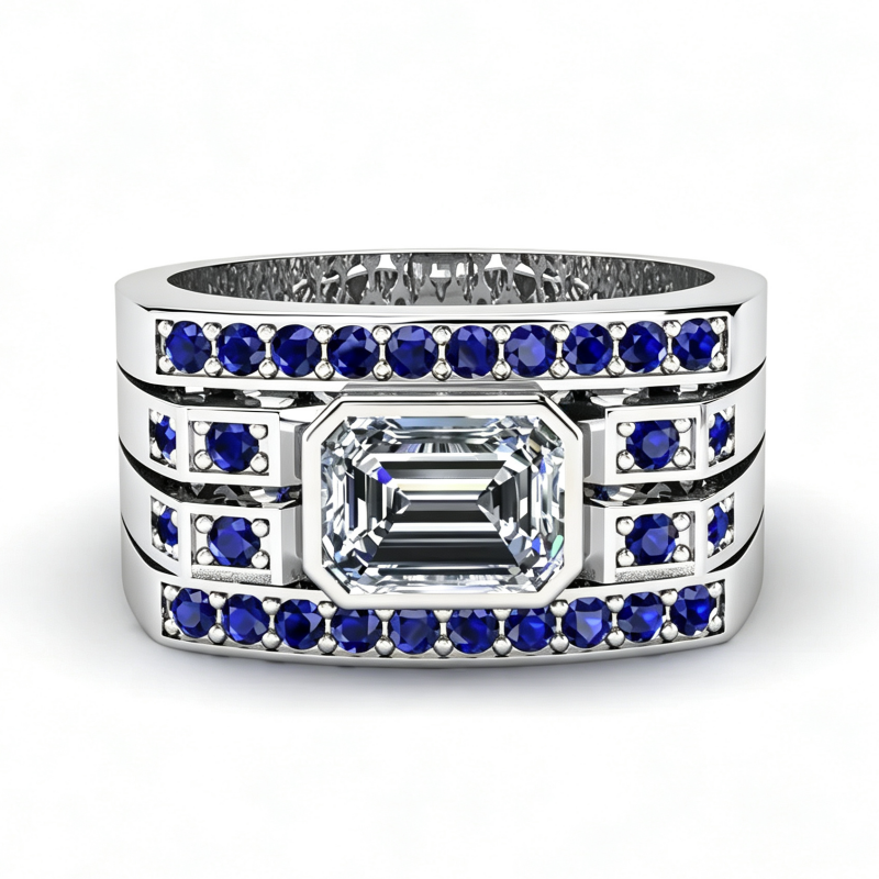 Jzora Handmade Emerald Cut White Zircon Royal Blue Wide Men's Ring
