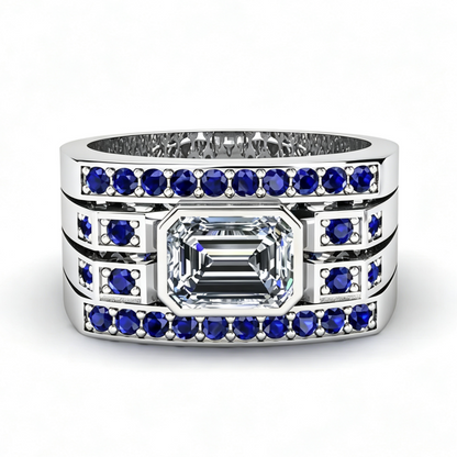 Jzora Handmade Emerald Cut White Zircon Royal Blue Wide Men's Ring