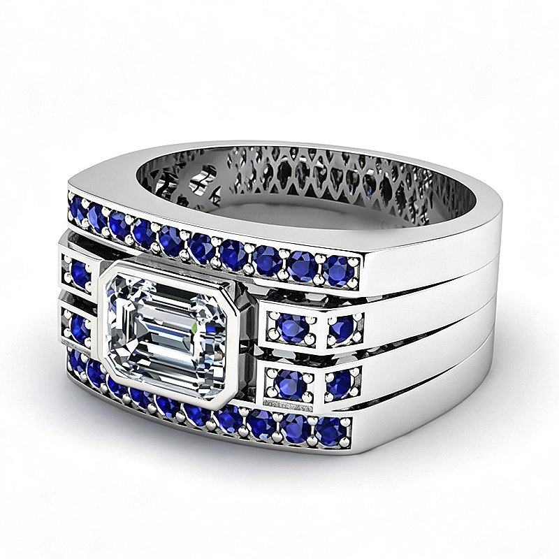 Jzora Handmade Emerald Cut White Zircon Royal Blue Wide Men's Ring
