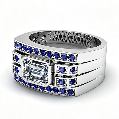 Jzora Handmade Emerald Cut White Zircon Royal Blue Wide Men's Ring