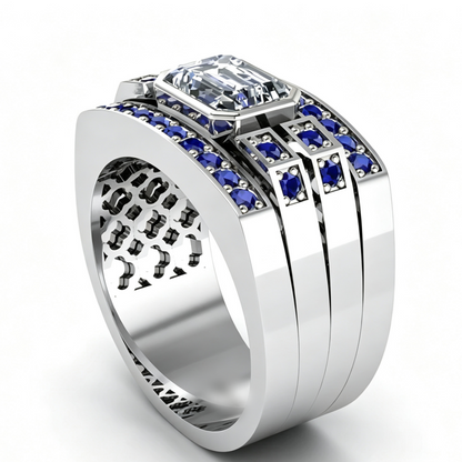 Jzora Handmade Emerald Cut White Zircon Royal Blue Wide Men's Ring