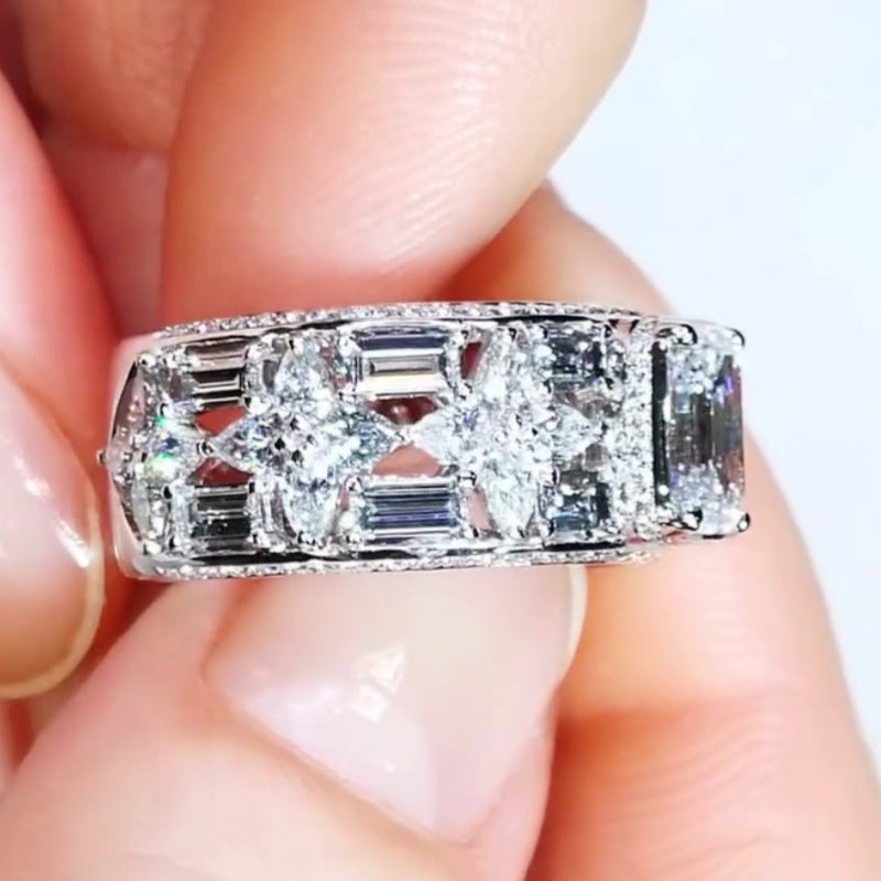 Jzora Handmade Emerald Cut Floral Side Details Wide Band Ring