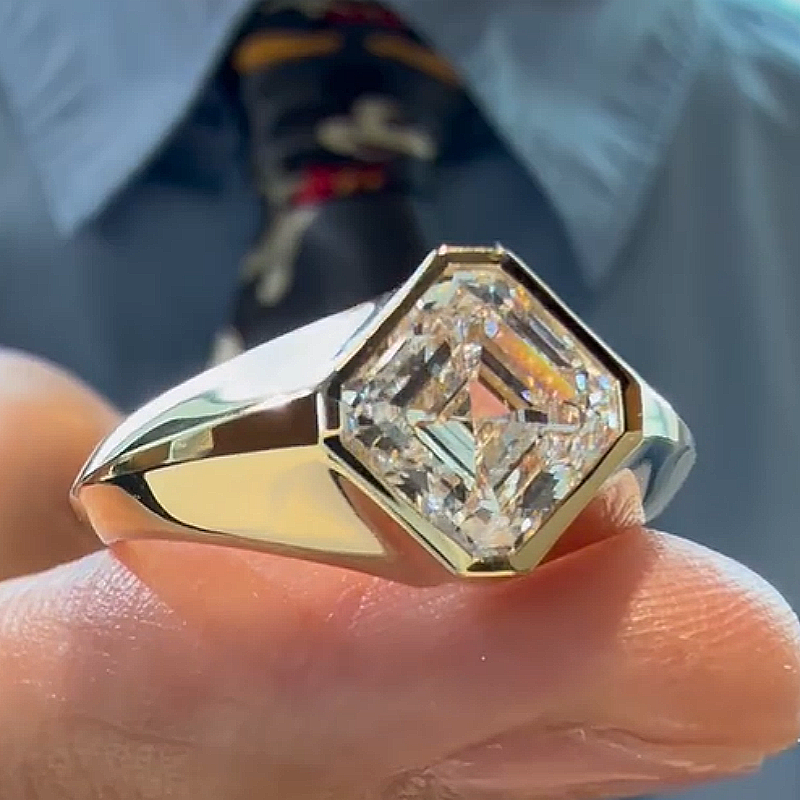 Jzora Handmade Asscher Cut Moissanite Bezel Set Bold Geometric Men’s Ring