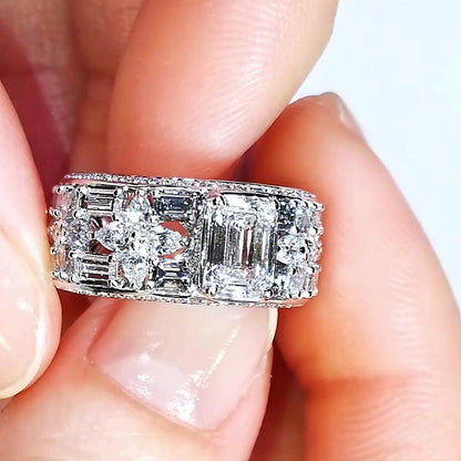 Jzora Handmade Emerald Cut Floral Side Details Wide Band Ring