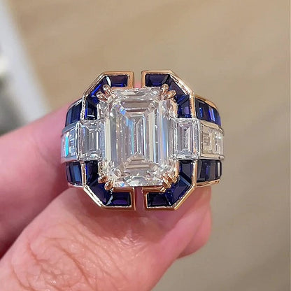 Jzora Handmade Classic Emerald Cut with Sapphire Accents Men's Ring