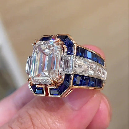 Jzora Handmade Classic Emerald Cut with Sapphire Accents Men's Ring